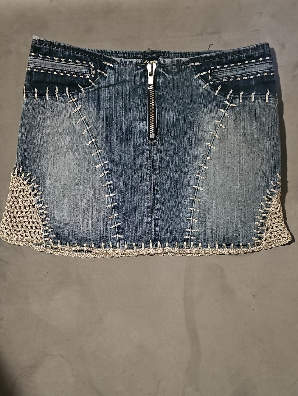 Vintage Dollhouse Denim Mini Skirt with Crochet Trim - Blue